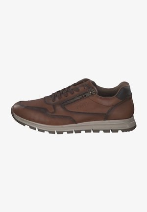 Braune Leder-Sneaker mit glatter Oberfläche, runder Zehenpartie, Schnürung auf der Vorderseite, seitlichem Reißverschluss und strukturiertem Gummisohle.