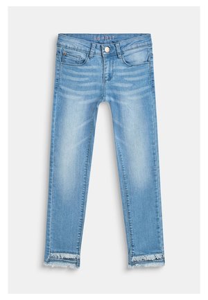 Lyseblå skinny jeans med falmede detaljer, forlommer, knaplukning, bæltestropper og frynsede kanter.