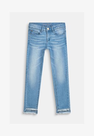 Jean skinny bleu clair avec détails délavés, poches avant, fermeture par boutons, passants de ceinture et ourlets effilochés.