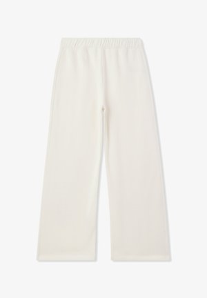 Szerokie spodnie w kolorze kremowym, wykonane z miękkiego materiału. Posiadają elastyczny pas i gładką teksturę, bez widocznych wzorów czy akcentów.