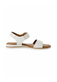 Sandale en cuir blanc avec sangle de talon ajustable, large bande avant et intérieur beige. Présente une semelle en caoutchouc texturé avec des accents blancs.