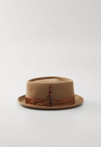 Pălărie din fetru de culoare maro deschis, cu boruri late, accentuată cu o panglică maro și detalii decorative din pene. Textură netedă și design structurat.