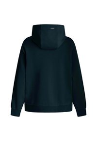 Schwarzer Kapuzenpullover mit bequemem Schnitt, gerippten Bündchen und Saum. Er verfügt über ein dezentes Logo auf der Rückseite und eine glatte Textur.