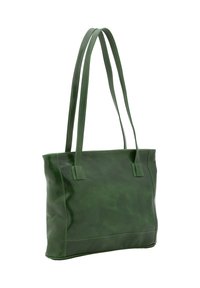 Borsa a tote verde in pelle con doppio manico, forma rettangolare, texture liscia e dettagli di cucitura a contrasto.