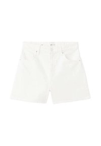 Pantaloni scurți din denim alb cu croială clasică, având buzunare frontale, închidere cu nasture și detalii cusute pe toată suprafața materialului.