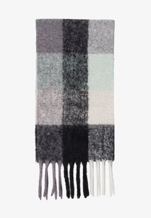 Wollschal im Karomuster mit grau, schwarz, mintgrün und cremefarbenen Akzenten. Weiche Textur mit fransigen Kanten.