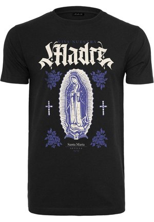 Schwarzes Baumwoll-T-Shirt mit einem zentralen Grafikmotiv der Jungfrau Maria in Blau und Weiß, umgeben von Rosen und dekorativen Kreuzen.