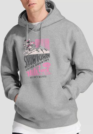 Gray hoodie made of cotton blend, featuring a front print of Mickey Mouse skiing with "SNOWTOWN" text in bold, pink accents.