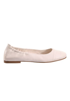 White leather ballet flat with a rounded toe, elasticized back for comfort, and a thin, flexible sole, featuring subtle stitching details.