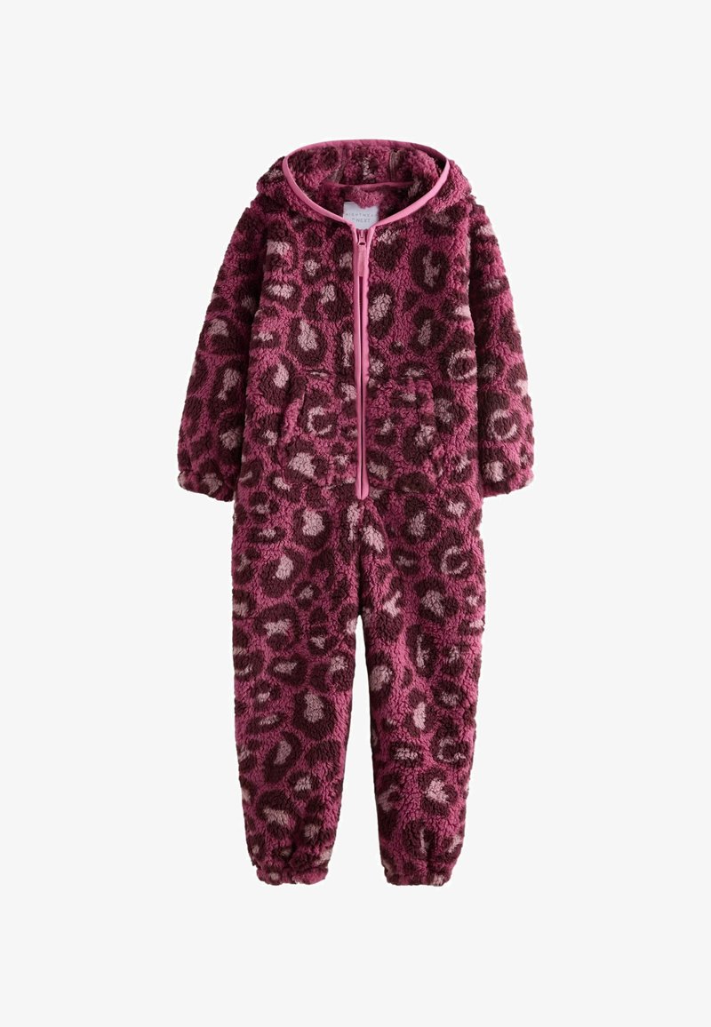Fleece-Overall in Pink mit braunem Leopardenmuster. Mit Reißverschluss vorne, Kapuze und elastischen Bündchen. Weicher Stoff, warmes Design, geeignet für lässige Anlässe.