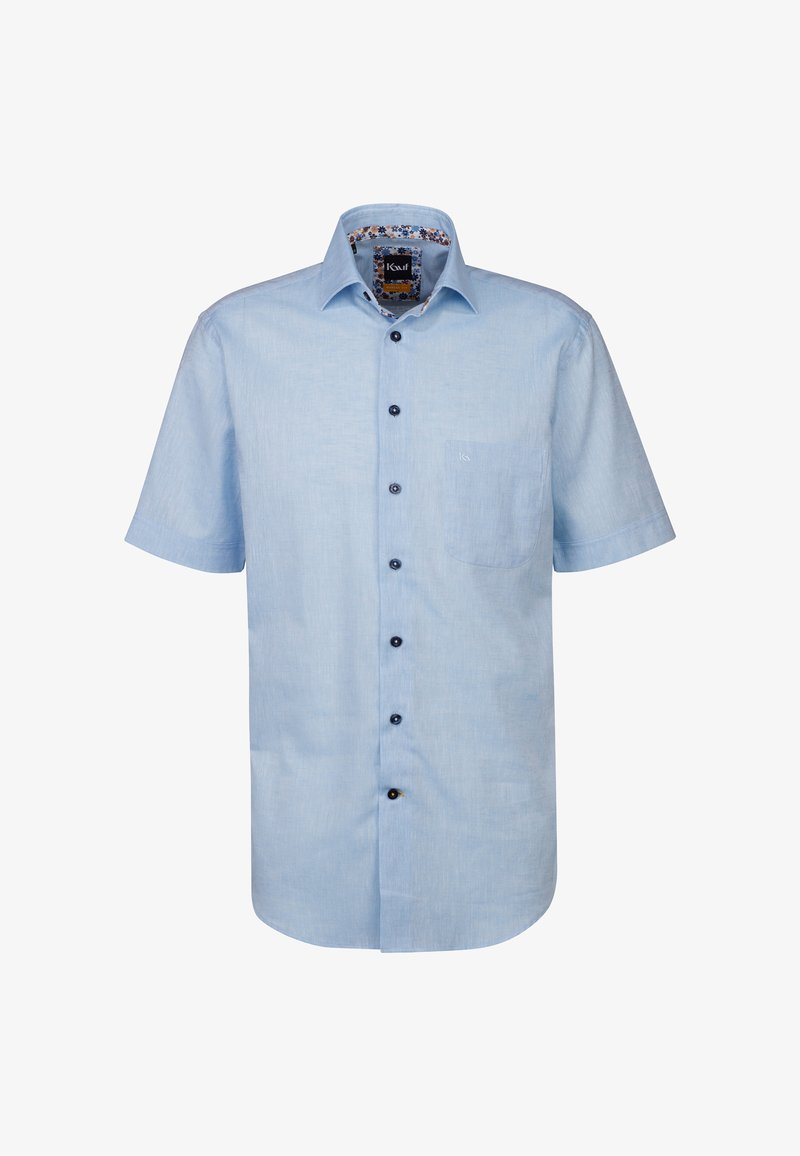 Camicia azzurra a maniche corte con bottoni scuri, taschino e colletto interno decorato. Realizzata in tessuto traspirante.