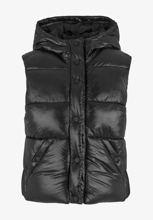 Melna pūkšķiga veste ar spīdīgu apdari, kapuci, priekšējo spiedpogu aizdari un divām sānu kabatām. Iekļauj quiltētas daļas siltumizolācijai.