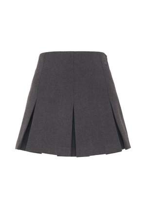 Gonna a campana grigia realizzata in tessuto testurizzato con pieghe frontali e un'etichetta laterale. Il design è minimalista con una silhouette pulita.