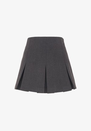 Grijze uitlopende rok van textuurstof met voorplooien en een zijlabel. Het ontwerp is minimalistisch met een schone silhouet.