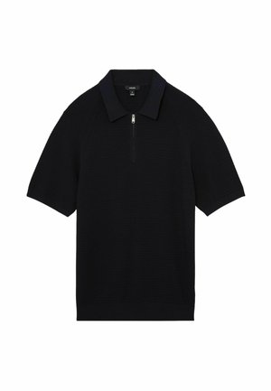 Polo negru cu mâneci scurte, tricotat, cu model texturat și fermoar frontal la guler.
