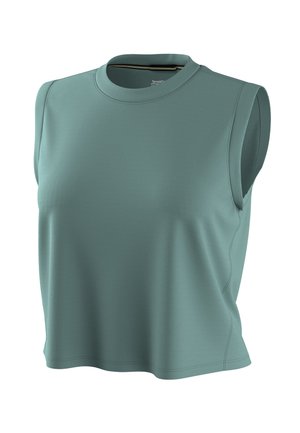 Tyrkysový top bez rukávů s kulatým výstřihem, širokými průramky a volným střihem, zobrazený na bílém pozadí.