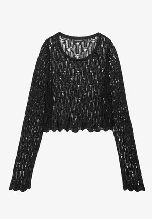 Čierny háčkovaný top s dlhým rukávom a vlnkovaným lemom, so štruktúrovaným otvoreným pletením a okrúhlym výstrihom.
