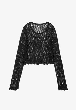 Čierny háčkovaný top s dlhým rukávom a vlnkovaným lemom, so štruktúrovaným otvoreným pletením a okrúhlym výstrihom.