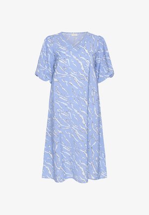 Rochie bleu deschis cu decolteu în V și mâneci scurte pufoase. Prezintă un model abstract alb și o siluetă liberă, în formă de A. Material moale.