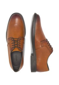 Brązowe skórzane buty na formalne okazje z gładkim wykończeniem, okrągłym noskiem i sznurowanym fasonem. Czarne gumowe podeszwy i dyskretne detale szycia.