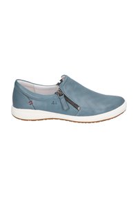 Scarpe blu in pelle slip-on con design perforato, cerniera laterale, suola in gomma bianca e cuciture rosse discreti.