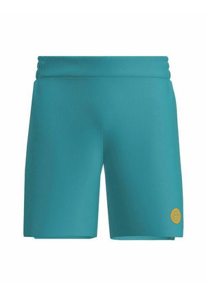 Türkise Sportshorts mit glatter Textur, elastischem Bund und einem kleinen orangefarbenen Logo auf der unteren rechten Seite.