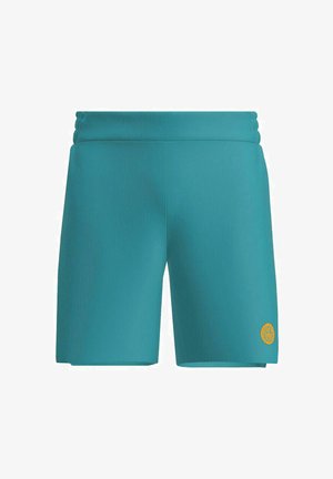 Pantalones cortos deportivos turquesa con una textura suave, cintura elástica y un pequeño logotipo naranja en la parte inferior derecha.