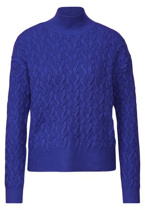 Kabelstrickpullover in leuchtendem Blau. Mit hohem Kragen, gerippten Säumen und Bündchen. Der strukturierte Stoff sorgt für visuelles Interesse. Weiches Material.