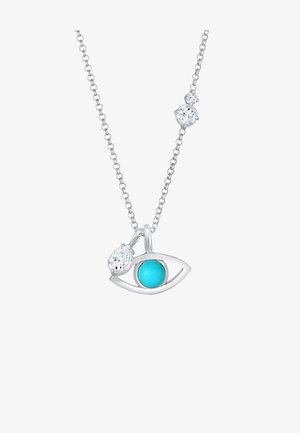 Hõbedane kaelakee, millel on silma kujuline ripats, kus on türkiissinine kivi ja selged kristallid, esitades stiilse disaini ja sujuva tekstuuri.