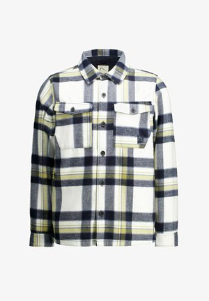 Hosszú ujjú, gombos ing tengerészkék, fehér és sárga kockás mintával, két mellzsebbel és gallérral.