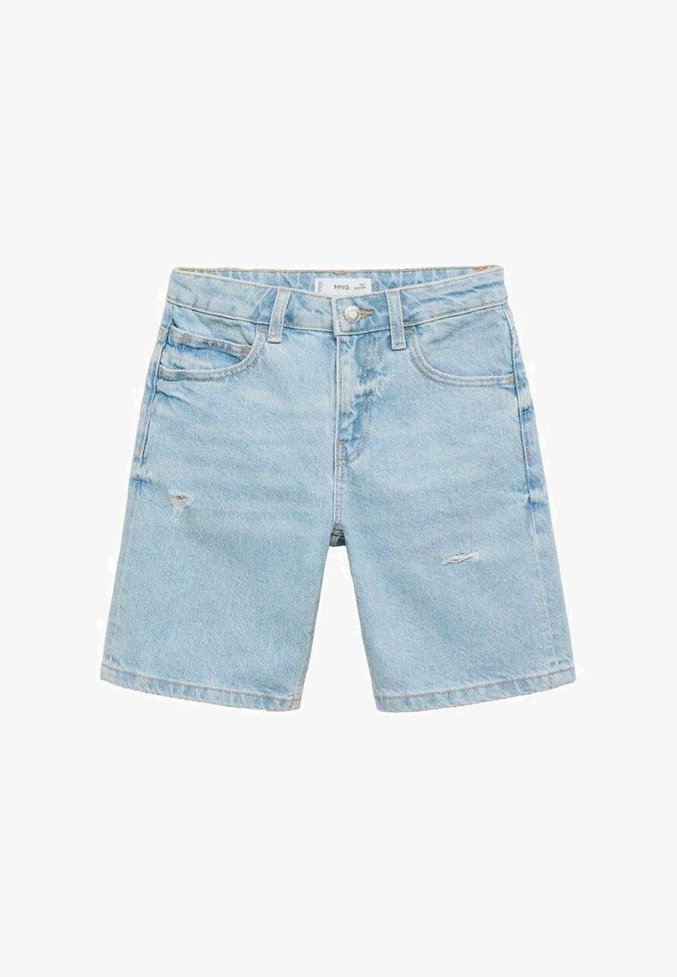 Shorts en denim bleu clair avec un ourlet effiloché, poches avant et un léger effet vieilli sur le tissu. Design classique à cinq poches.