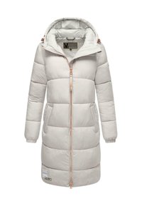 Light gray puffer coat with a hood, featuring a zipper front, two side pockets, ribbed cuffs, and rose gold hardware accents.