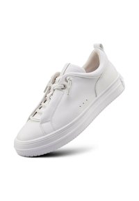 Białe skórzane sneakersy z okrągłym noskiem, elastycznymi sznurowadłami i teksturowaną białą gumową podeszwą. Cechuje je minimalistyczny design i subtelne przeszycia.