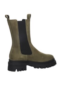 Bottine Chelsea vert olive avec panneau latéral élastique noir, semelle crantée épaisse noire, et languettes à la cheville et au talon.