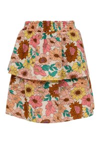 Jupe à imprimé floral avec une taille froncée, design à deux couches, dans des couleurs comme pêche, marron, rose, jaune et vert. Tissu léger.
