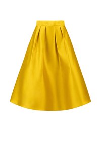 Gelb plissierte Midirock aus glattem Stoff, mit einem taillierten Bund und einer ausgestellten Silhouette, die unterhalb der Knie endet.