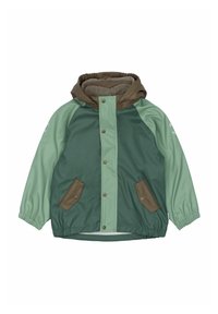 Grøn og teal vandtæt jakke med en brun hætte, trykknapper, elastiske manchetter og kontrastfarvede lommer. Blødt inderfor.