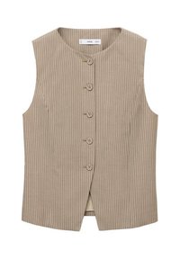 Gilet beige senza maniche con righe verticali, scollo rotondo e chiusura frontale con cinque bottoni. Tessuto liscio con vestibilità sartoriale.
