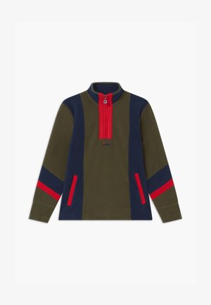 Felpa a maniche lunghe in pile di colore verde oliva, blu navy e rosso. Caratterizzata da un colletto alto, zip centrale e due tasche frontali.