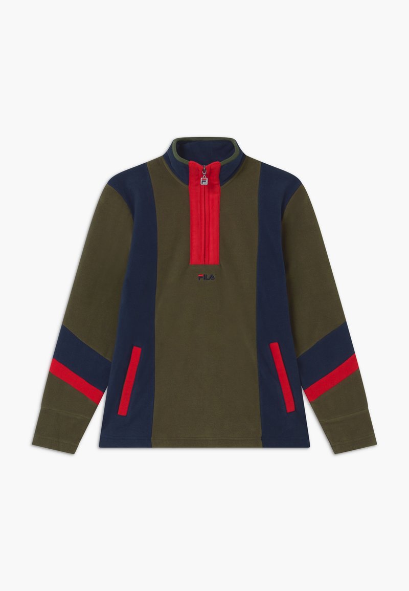 Felpa a maniche lunghe in pile di colore verde oliva, blu navy e rosso. Caratterizzata da un colletto alto, zip centrale e due tasche frontali.