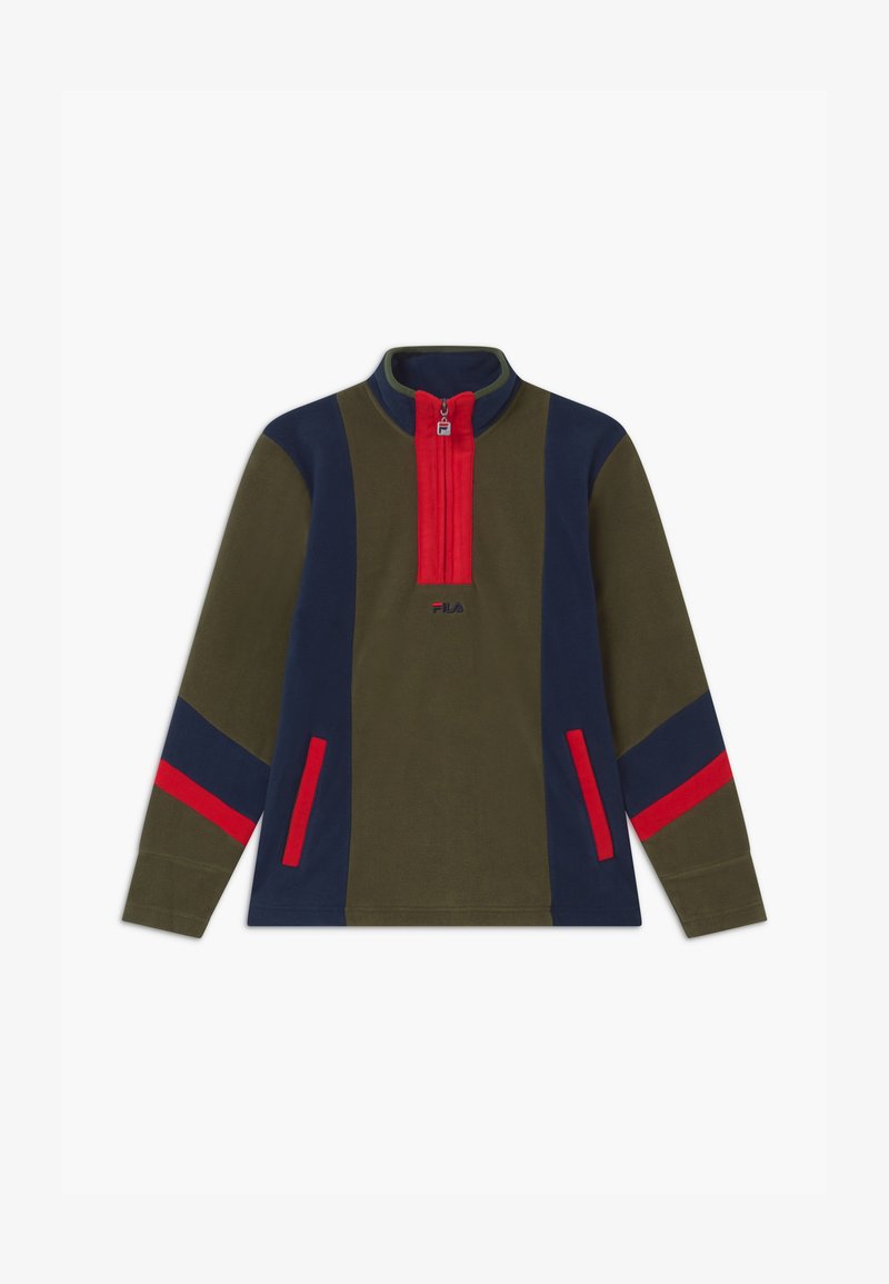 Felpa a maniche lunghe in pile di colore verde oliva, blu navy e rosso. Caratterizzata da un colletto alto, zip centrale e due tasche frontali.