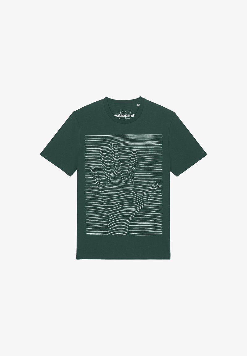 Dark green short-sleeve T-shirt with a white hand shape outlined by horizontal wavy lines on the front.