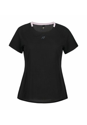 Černé sportovní tričko s krátkým rukávem s růžovým lemováním na límci, malými otvory pro větrání a malým reflexním logem na hrudi.