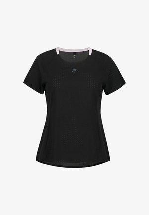 Černé sportovní tričko s krátkým rukávem s růžovým lemováním na límci, malými otvory pro větrání a malým reflexním logem na hrudi.