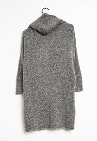 Szary rozpinany kardigan z kapturem, z teksturowanym wzorem i otwartym przodem. Duże rękawy i średniej długości krój zwiększają komfort.