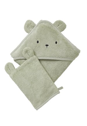 Light green baby hooded towel and washcloth set with bear ears and simple embroidered bear face on towel hood.