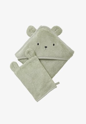 Light green baby hooded towel and washcloth set with bear ears and simple embroidered bear face on towel hood.