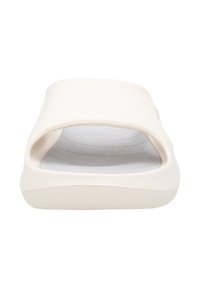 White slide sandal with a rounded design, made from soft material, featuring a curved footbed and an open top for breathability.