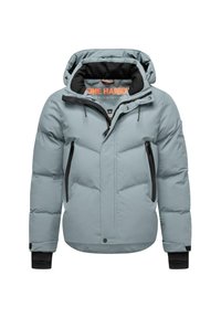 Ljusgrå puffjacka med huva, zippered framtill och två zippered sidfickor med svarta accenter och kviltad textur.