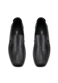 Schwarze Lederloafers mit einer eleganten, glatten Oberfläche, quadratischer Zehenform und fein genähten Akzenten entlang der Kante. Für den Innenbereich geeignet, ohne sichtbare Beschläge.
